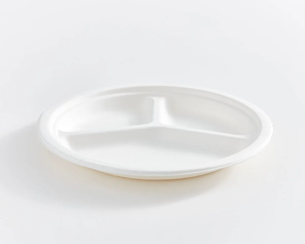 10" Round Fibre 3-Compartment Compostable Plate