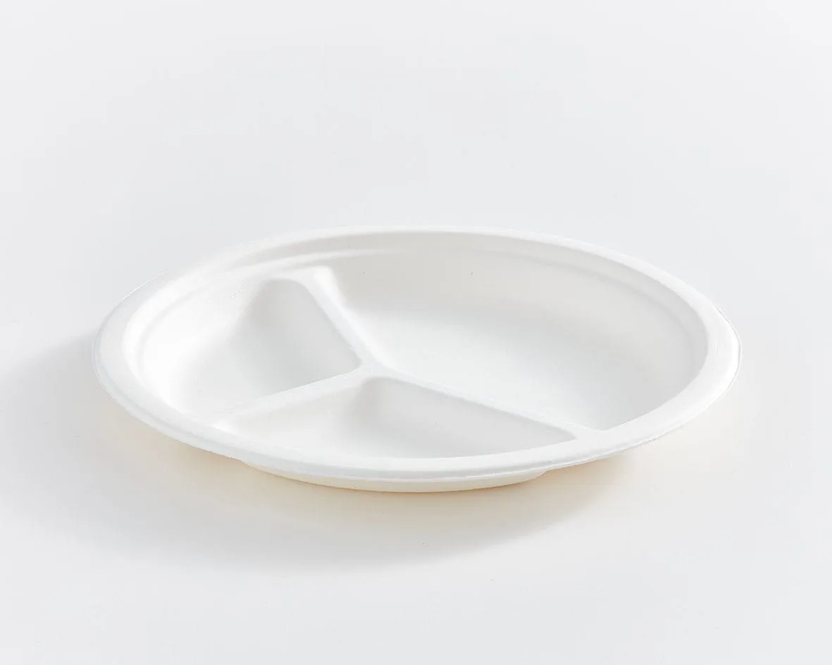 9" Round Fibre 3-Compartment Compostable Plate