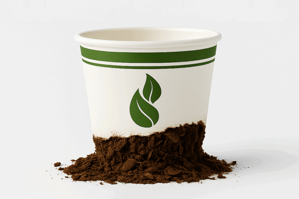 An eco guardian cup decomposing into the soil.